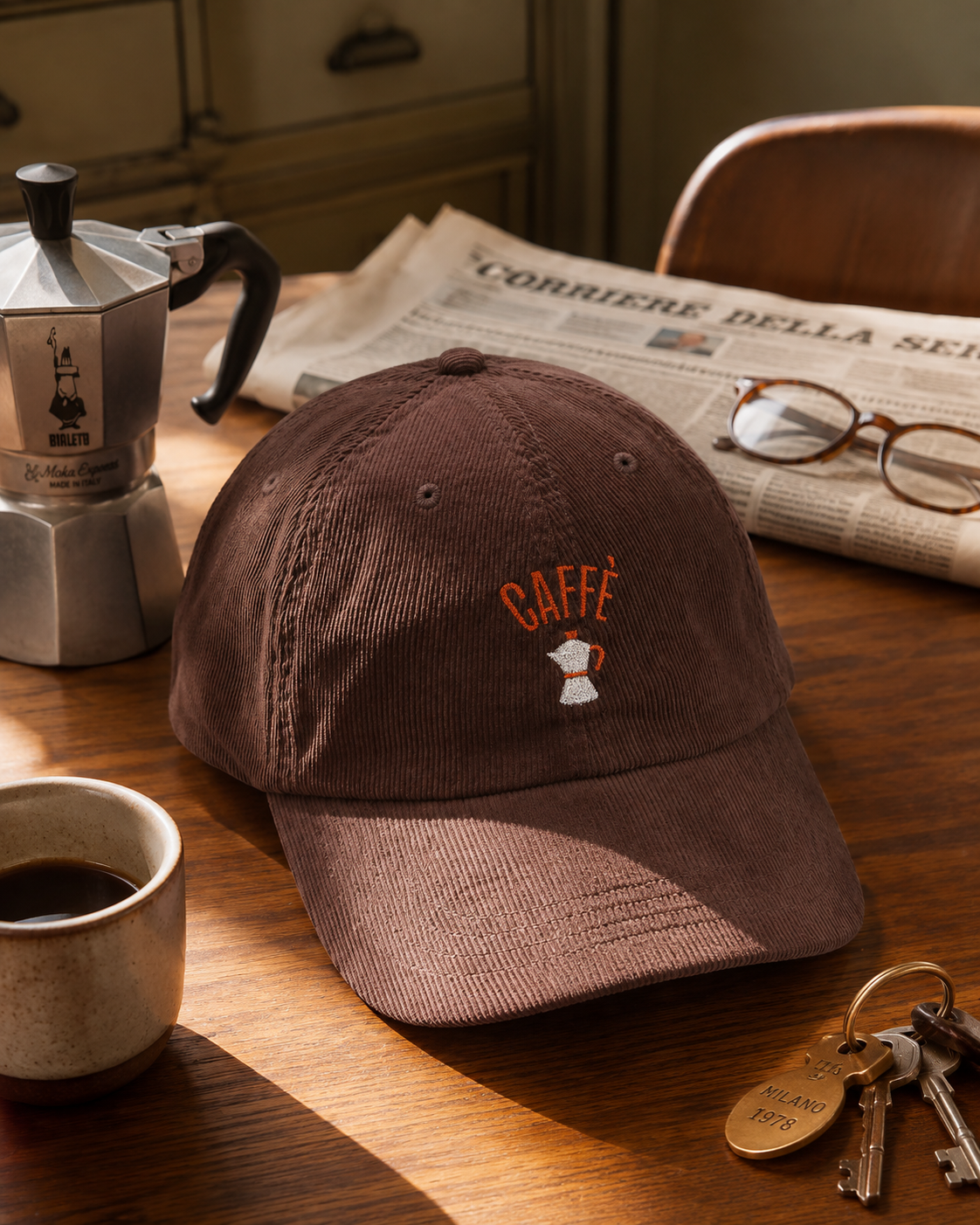 Brown Caffè cap still life with a moka pot, coffee cup and newspaper