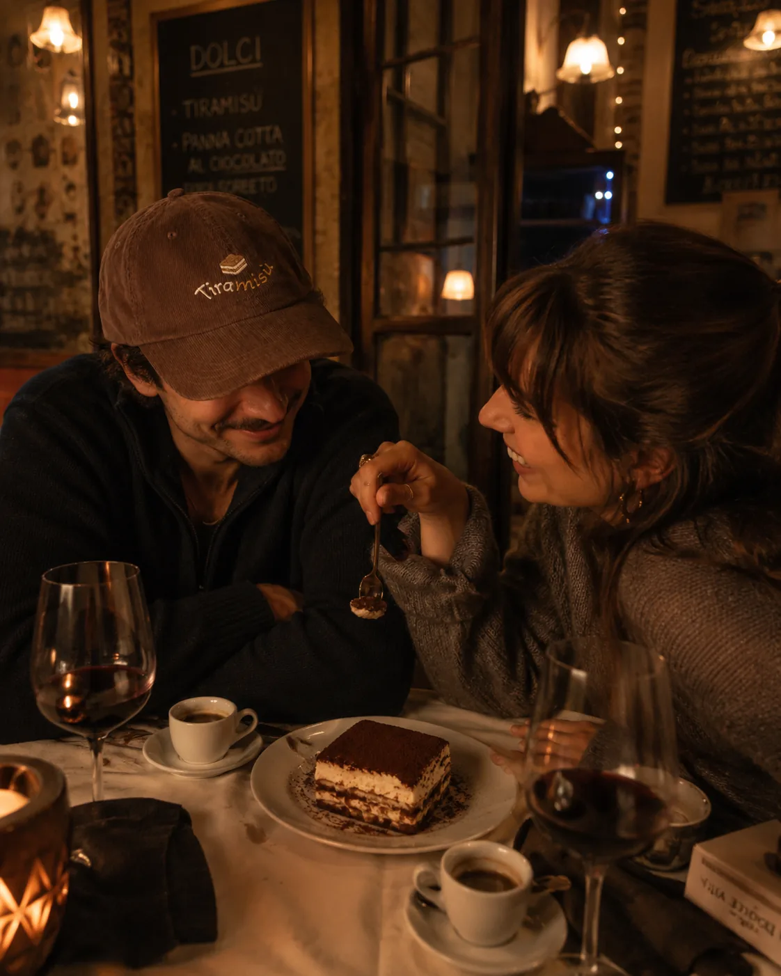 Couple sharing tiramisù, one wearing the Tiramisù cap