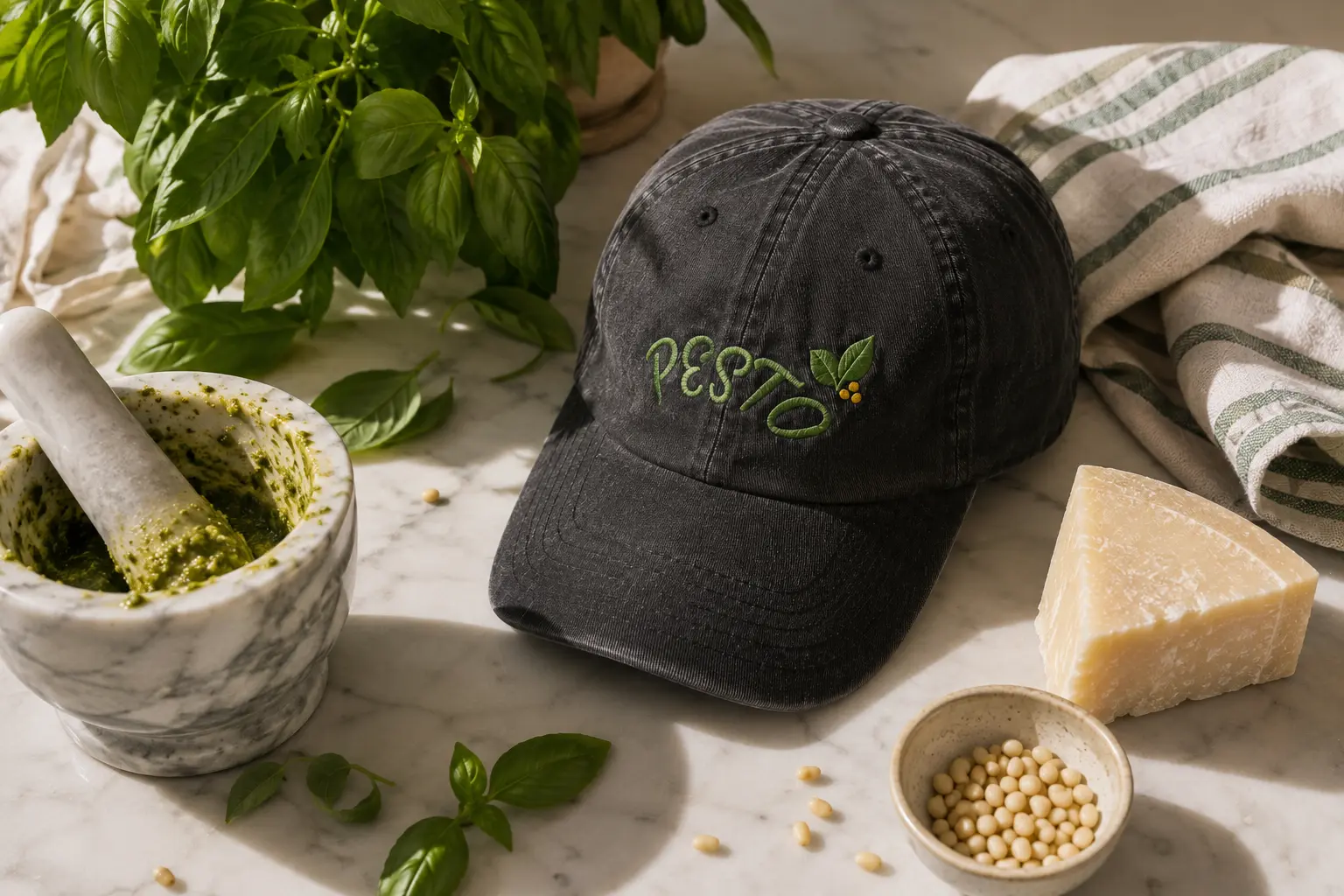 Black Pesto cap still life with basil, mortar and parmesan