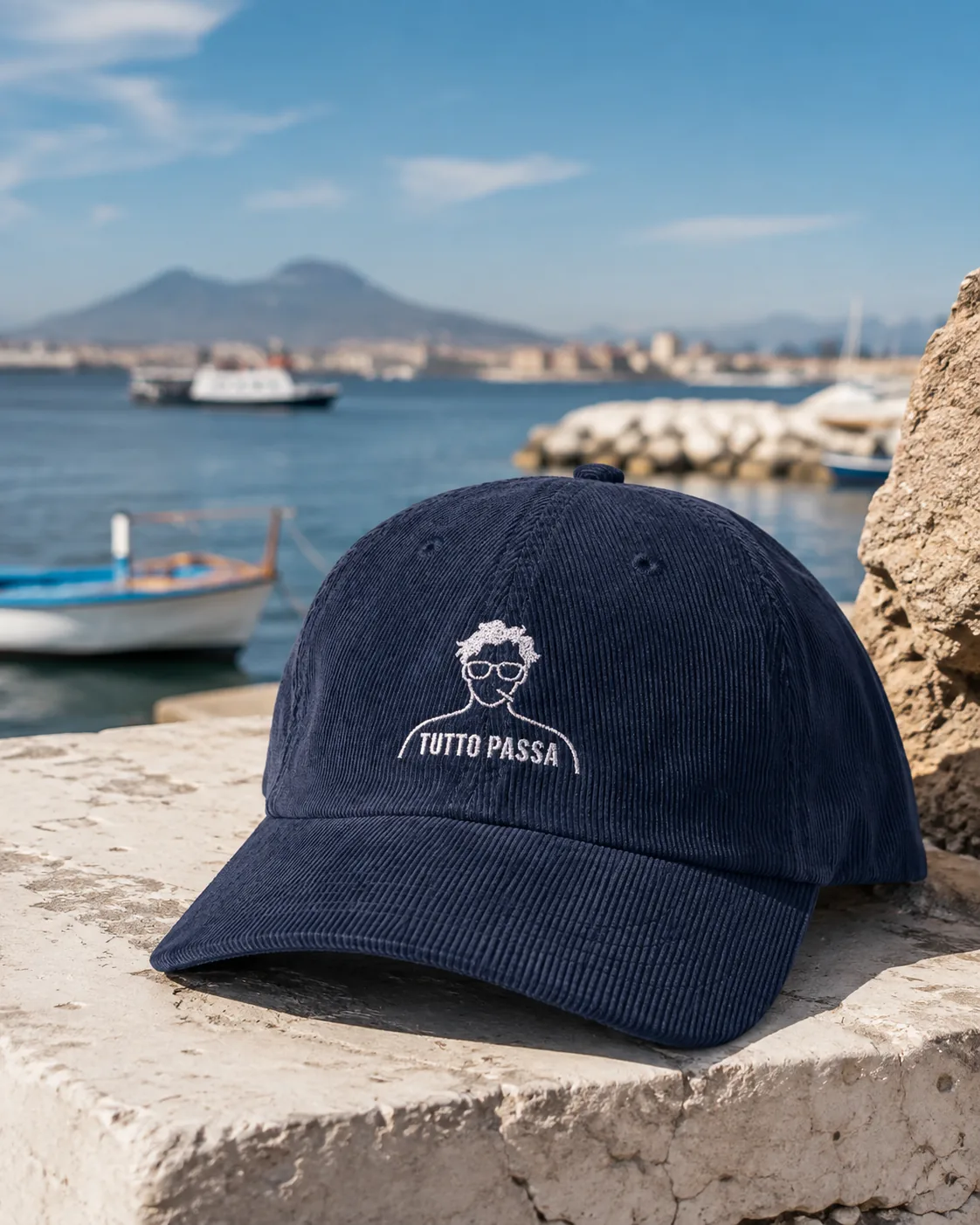 Tutto Passa cap in Navy Blue corduroy beside the harbour in Naples