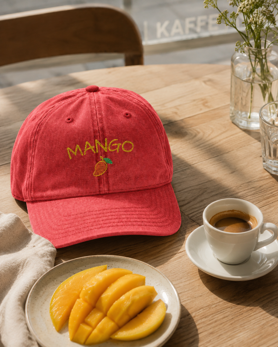 Red Mango cap on a café table with sliced mango and an espresso