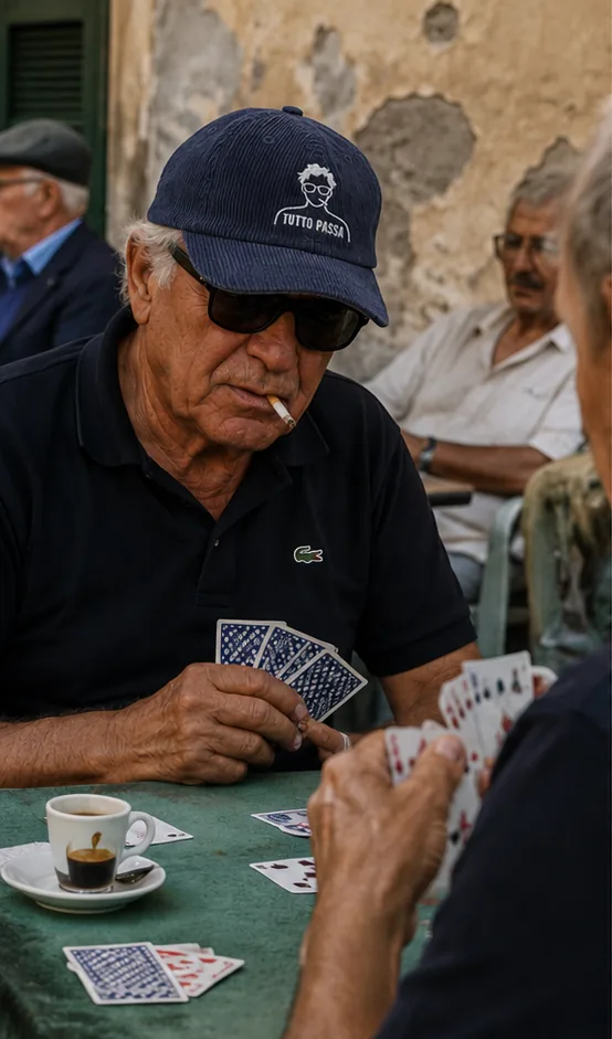 Man wearing the Tutto Passa cap while playing cards