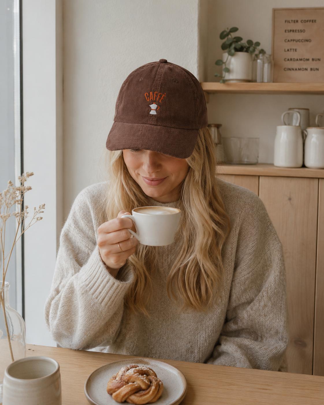 Woman wearing the Caffè cap drinking coffee in a café