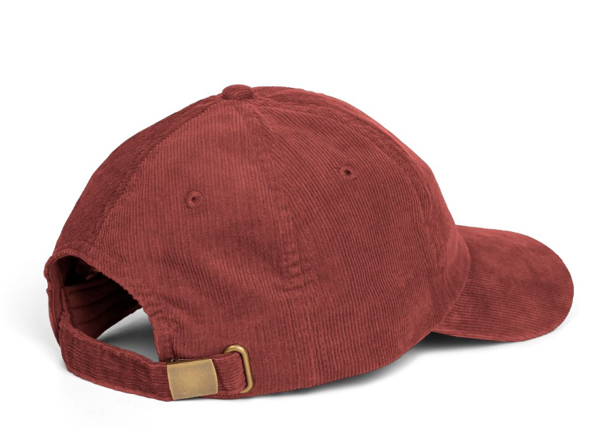 Vino cap in Burgundy corduroy, rear-side buckle view