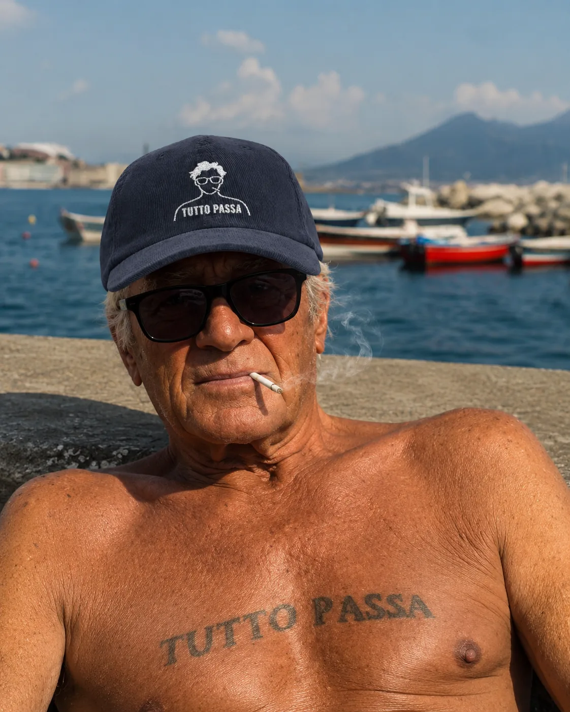 Man wearing the navy Tutto Passa cap by the sea in Naples
