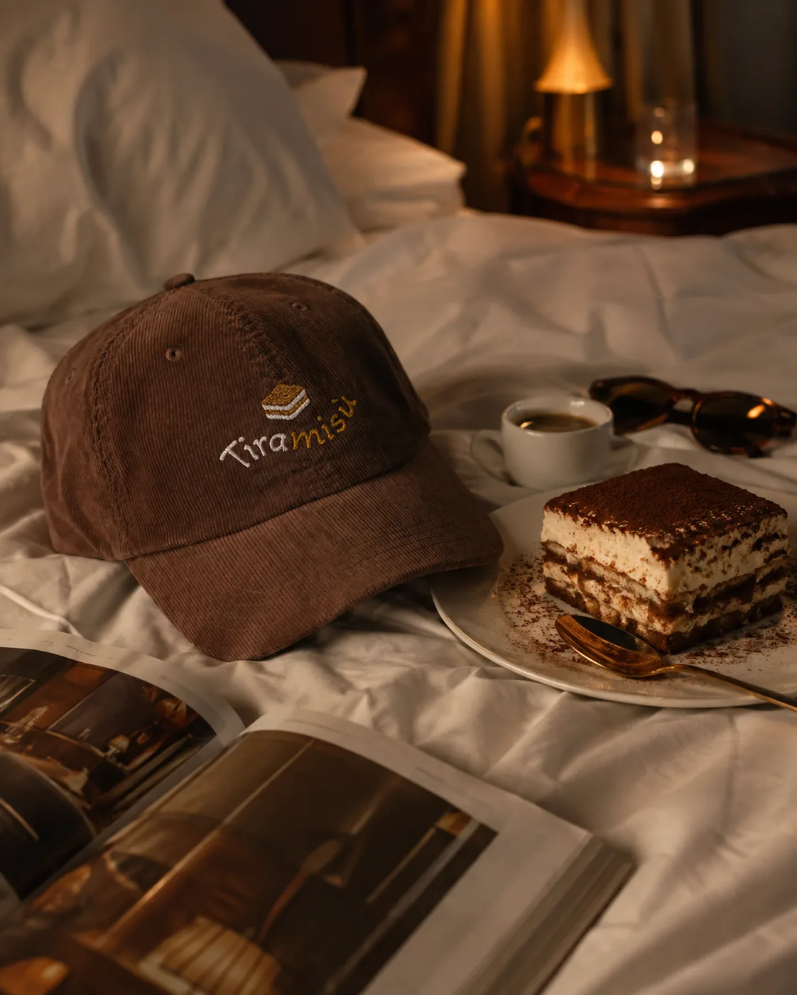 Tiramisù cap on a hotel bed beside a slice of tiramisù