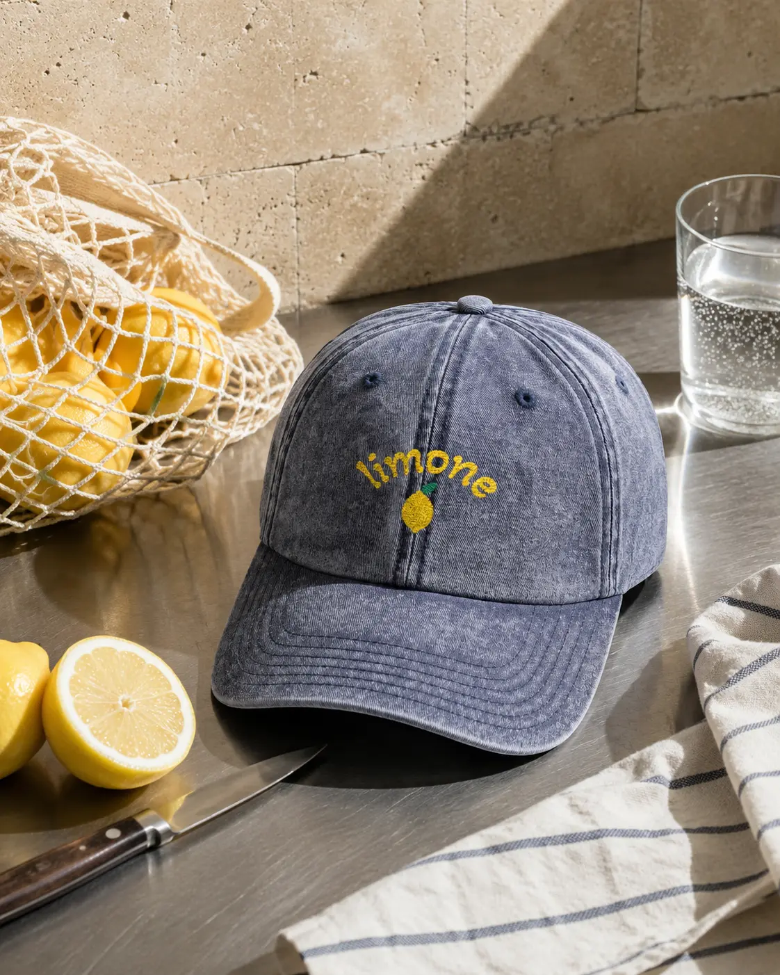 Navy Limone cap still life with lemons on a metal kitchen surface