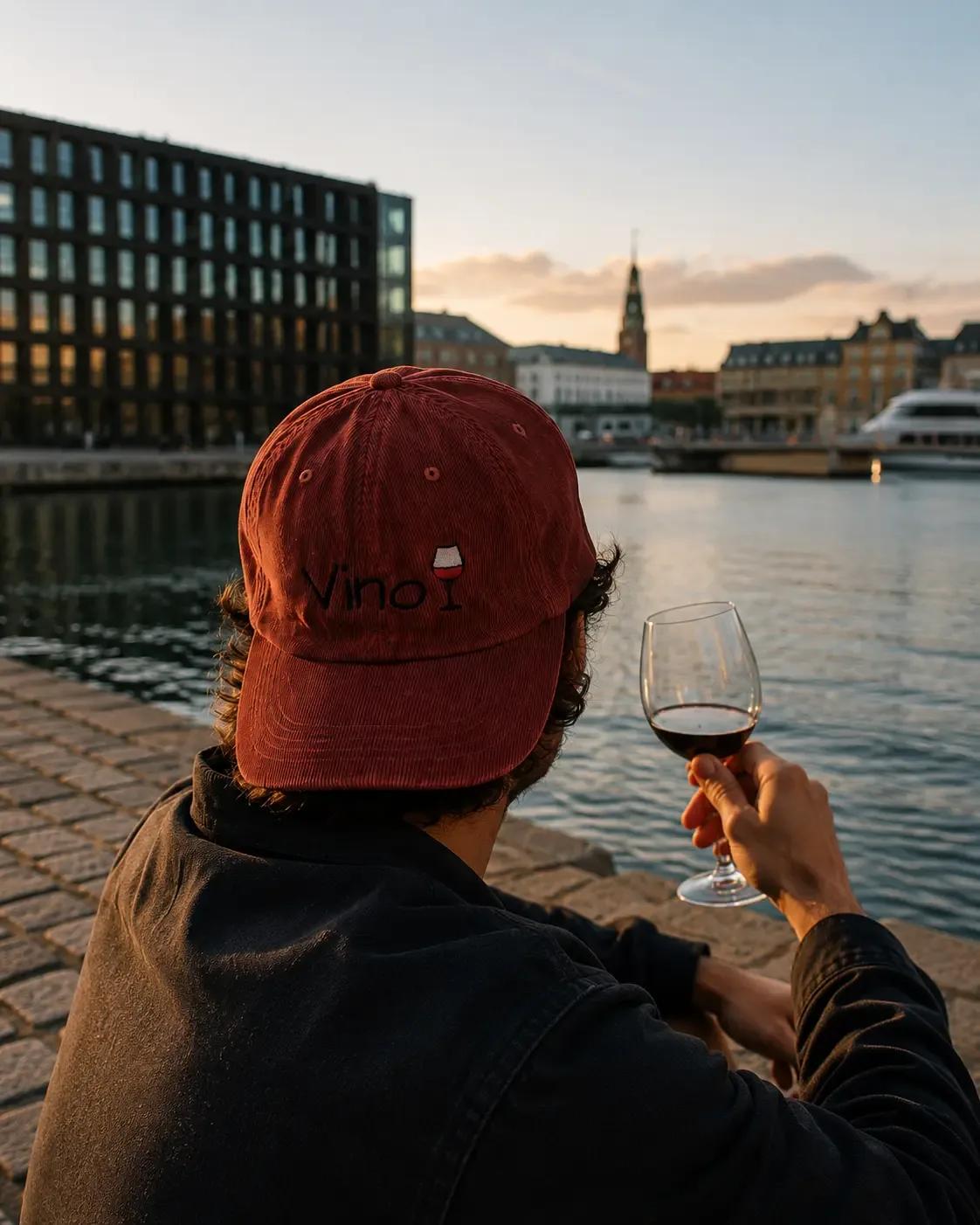 Man wearing the burgundy Vino cap with a glass of wine beside a canal