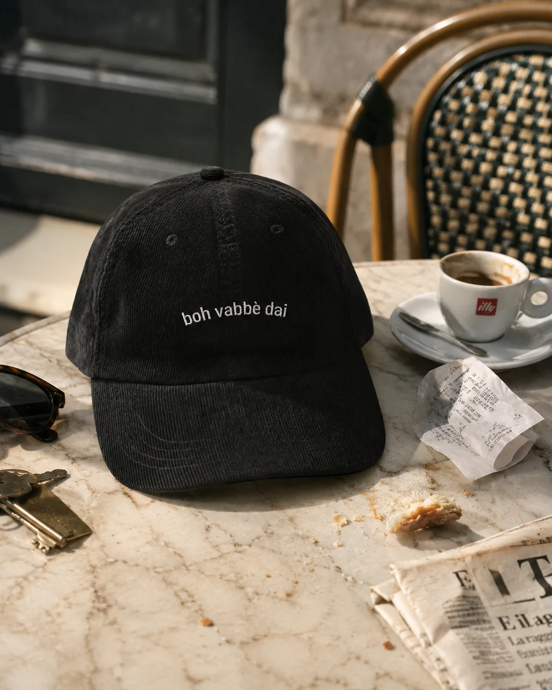 Black Boh Vabbè Dai cap on an Italian café table beside an espresso